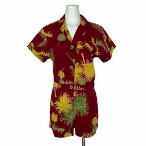 Free People Malibu Romper Size XS Maroon Combo Red Tropical Print Short Sleeve